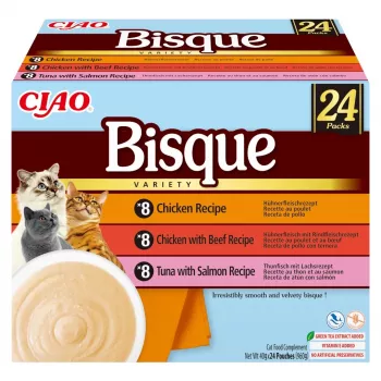 Sobres de comida húmeda para gatos INABA Ciao Bisque — surtido: pollo, ternera, pescado; 24 × 40 g