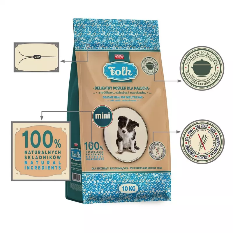 FOLK Junior Razas pequeñas Comida suave para cachorros con conejo, ternera y zanahoria - Comida seca para perros - 10kg