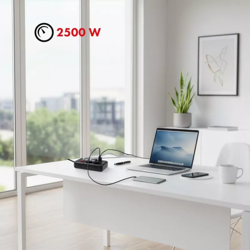 Regleta de enchufes MACLEAN MCE392 B — 4 enchufes, 3×USB, 110–240V, 2,1A, 2500W, cable de 1,5 m, negra
