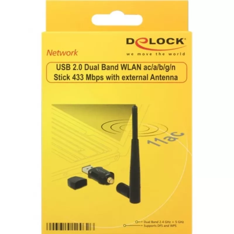 DeLock USB2.0 Dual Band WLAN ac/a/b/g/n Stick - Adaptador de red - USB2.0 - 802,11b, 802,11a, 802,11g, 802,11n, 802,11ac - Negro (12462)