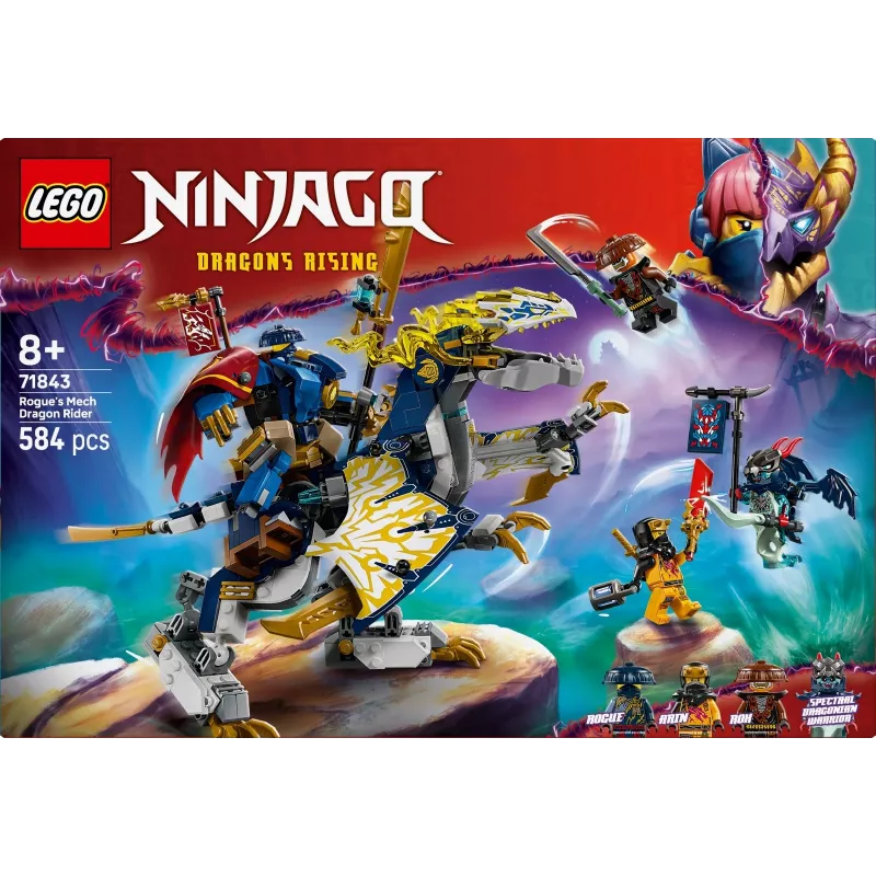 Set LEGO NINJAGO 71843 Rogue’s Mech Dragon Rider — 584 piezas, 4 minifiguras, 190 mm de altura del modelo