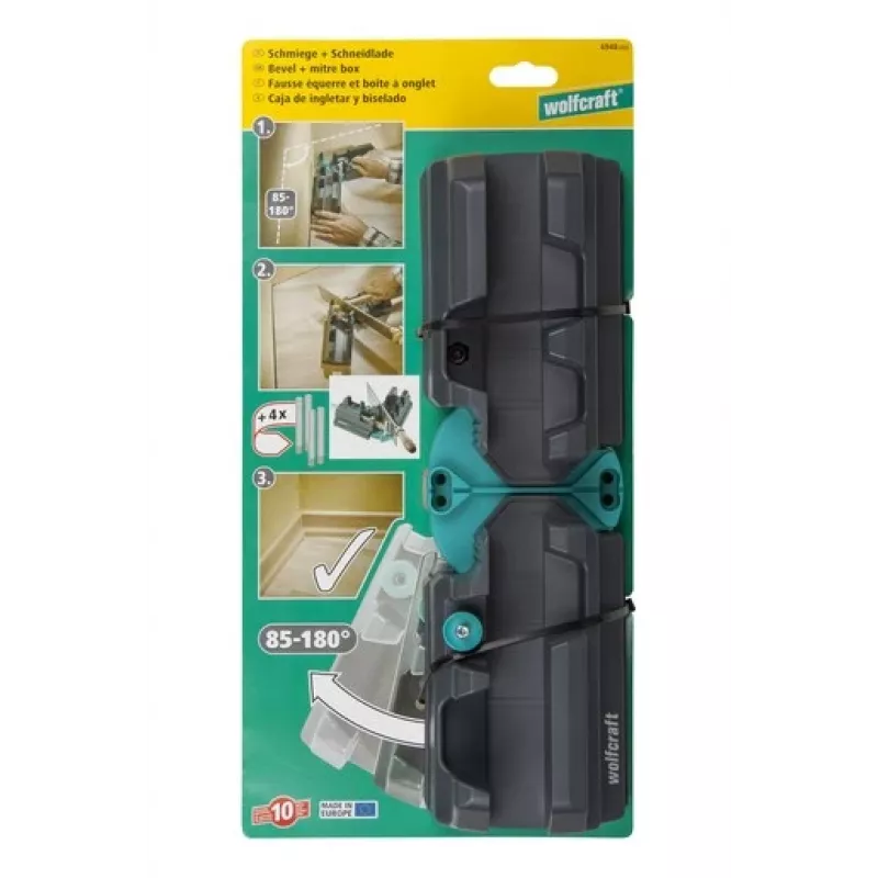 Caja de ingletes y tope Wolfcraft 6948200 — guía de ingletes, rango de medición 85–180°, para tablas de hasta 3 cm, negra