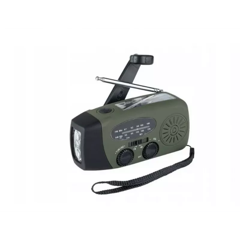 Radio de emergencia FOSCO 464600 con linterna LED, powerbank, FM, IPX3, carga solar/manivela/USB-C — verde/negro