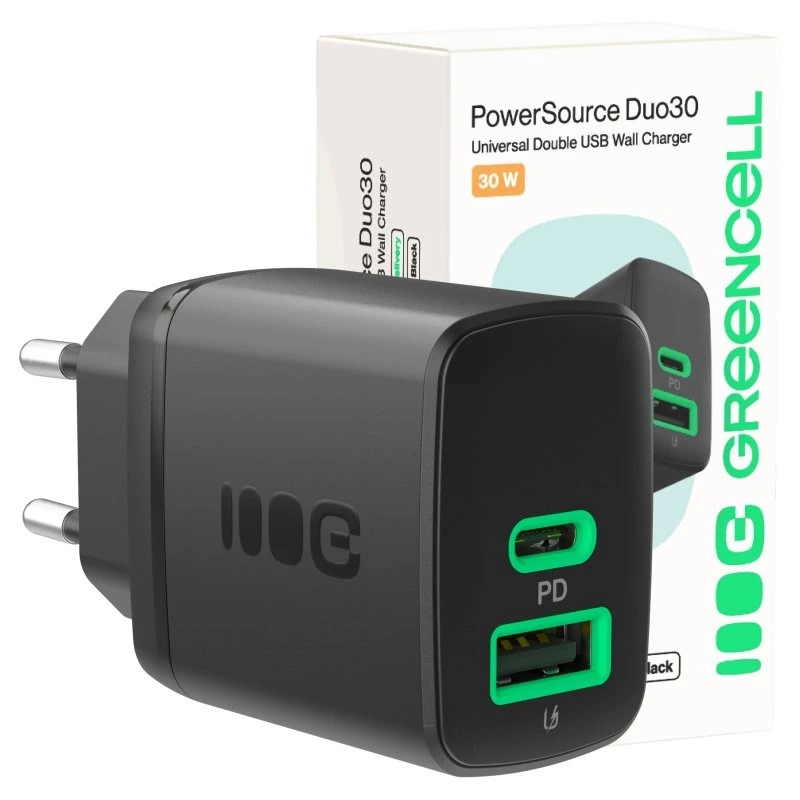 Cargador Green Cell PowerSource Duo30 – 1× USB-A, 1× USB-C, 3A