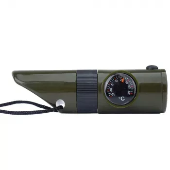 Silbato de supervivencia multifunción Mil-Tec SP.22073 — 6 en 1 oliva, brújula, termómetro, espejo, lupa, luz, 100×35×30 mm