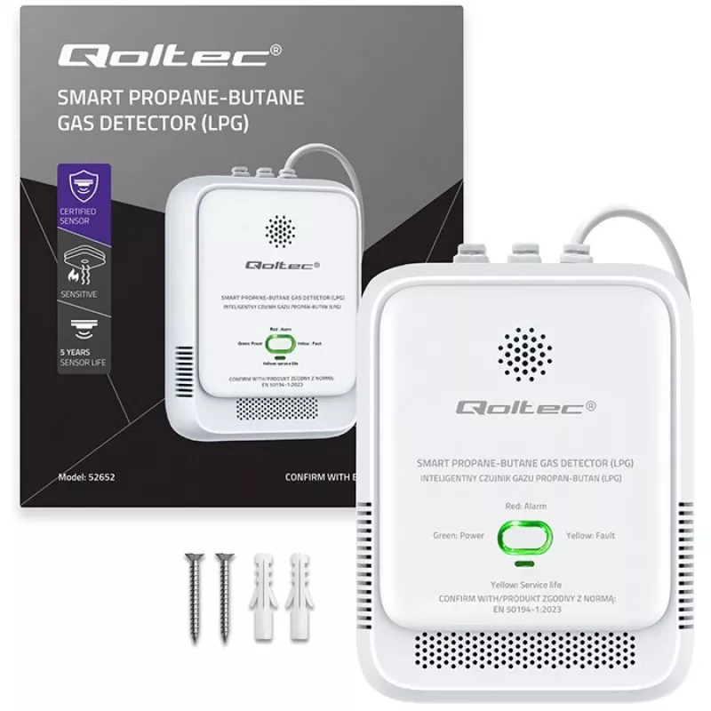 Sensor de fugas de gas QOLTEC 52652 — detector de propano/butano (GLP), alarma 85 dB, indicador LED
