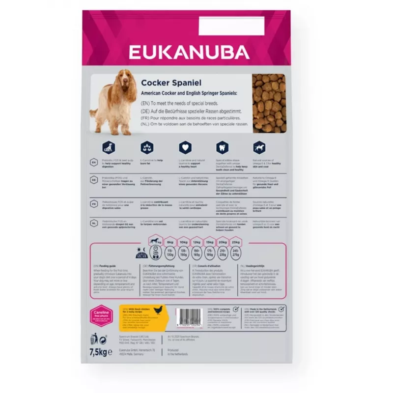 Pienso seco para perros EUKANUBA Breed Specific Cocker Spaniel 7,5 kg — pollo, perros adultos, piel y pelo, apoyo cardiaco