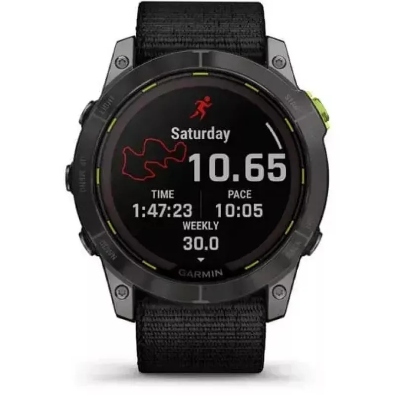 Reloj inteligente Garmin Enduro 2 Sapphire Solar 35 mm, pantalla táctil MIP de 1,4" 280 x 280, 32 GB, GPS, Wi-Fi, caja de titanio DLC Carbon Grey, correa negra