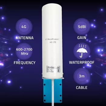 Antena exterior omnidireccional 4G LTE QOLTEC 57044, 5 dBi, 600–2700 MHz, 50 W, 50 Ω, carcasa de cobre blanca