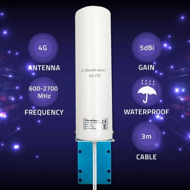 Antena exterior omnidireccional 4G LTE QOLTEC 57044, 5 dBi, 600–2700 MHz, 50 W, 50 Ω, carcasa de cobre blanca