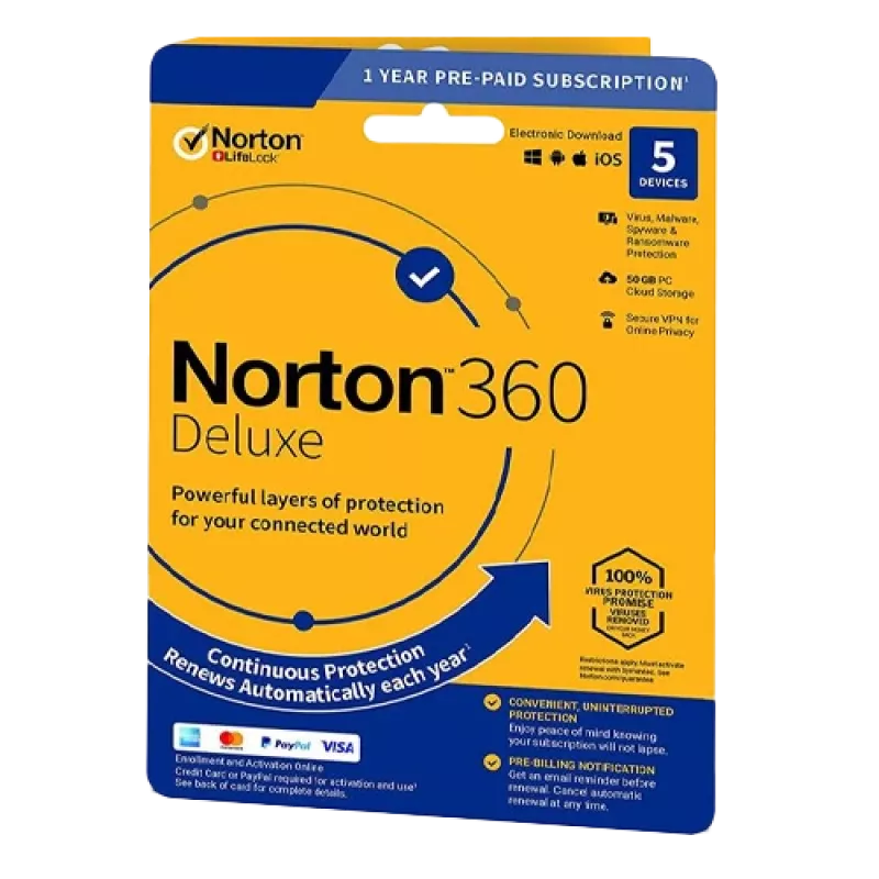 Norton 360 Deluxe | 5 dispositivos | 1 año | 50 GB de almacenamiento en la nube | EU | SIN SUSCRIPCIÓN |