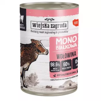 Alimento húmedo para gatos wiejskazagroda monoproteico ternera 400 g — alimento completo para gatos adultos, proteína 12,1 %, grasa 7,1 %, humedad 76,9 %