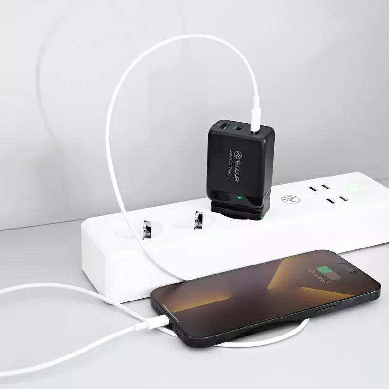 Cargador de pared Tellur TLL151451 65W, 3 puertos (2x USB-C, 1x USB-A)
