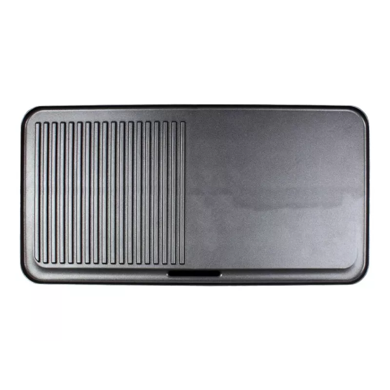 Parrilla eléctrica de mesa Rommelsbacher BBQ 2003 — 1900 W, 50×25 cm, estriada + teppanyaki, termostato continuo, plateado/negro