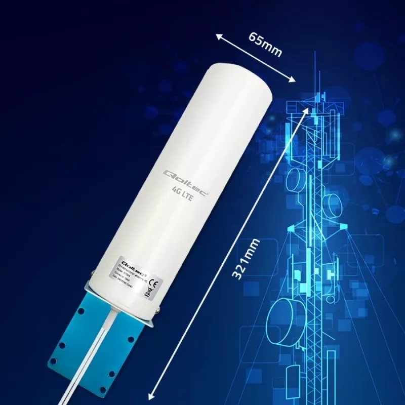 Antena exterior omnidireccional 4G LTE QOLTEC 57044, 5 dBi, 600–2700 MHz, 50 W, 50 Ω, carcasa de cobre blanca