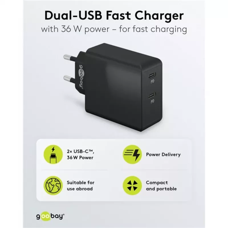 Cargador de interior Goobay 61757 carga rápida USB Type-C 2 puertos negro