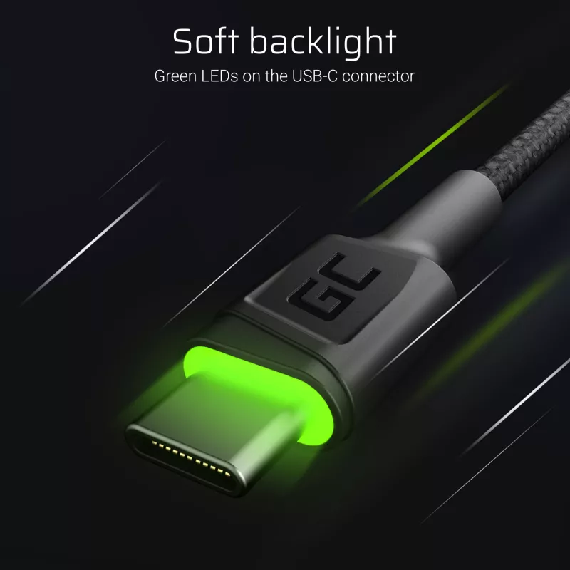 Green Cell Ray KABGCSET02 set de cables USB-A a USB-C (3 uds.), 1,2 m, 480 Mbps, retroiluminación LED verde