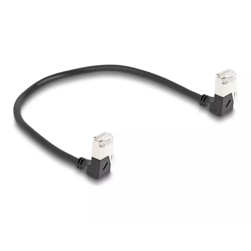 Cable de red DeLOCK RJ45 Cat.6A S/FTP fino acodado 90° hacia abajo 0,25 m negro