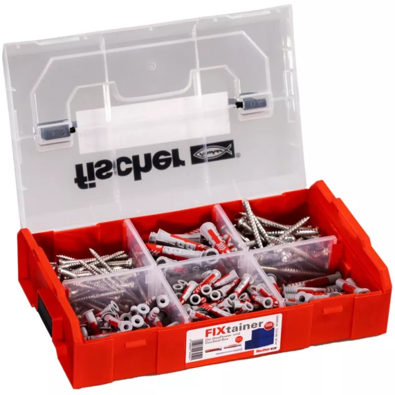 FixTainer - DUOPOWER & DUOSEAL + tornillos, tacos gris claro/rojo, 275 piezas