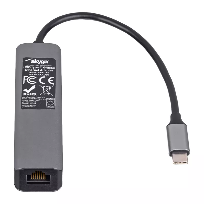 Akyga AK-AD-66 Hub USB-C con 3x USB 3.0 y Gigabit Ethernet, 15 cm, negro