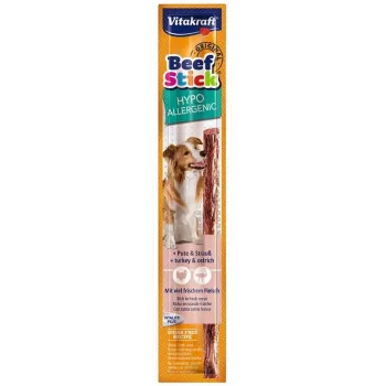 Snack para perros Vitakraft Beef Stick Hypoallergenic — pavo con avestruz, 12 g, bolsa individual, perros adultos, sin gluten ni soja