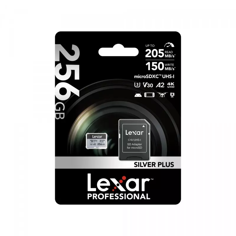 Tarjeta de memoria microSD 256GB C10 A2 U3 V30 205/150MB/s Silver Plus