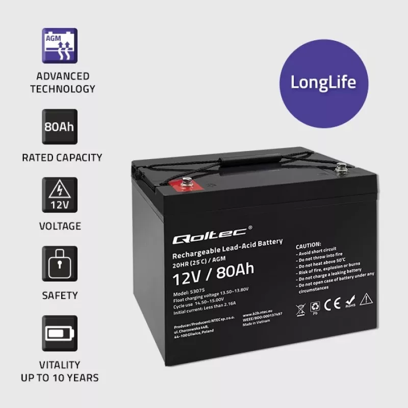 Qoltec Batería AGM | 12V | 80Ah | 23,5kg | Sin mantenimiento | Potente | LongLife | para SAI, autocaravana, barco, caldera