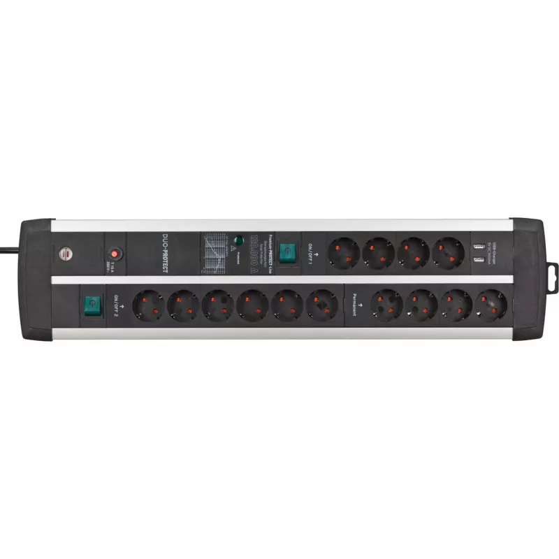 Regleta de enchufes Premium-Protect-Line 14 tomas Duo (negro/plata, 3 metros, protección contra sobretensiones 120.000A, 2x USB)