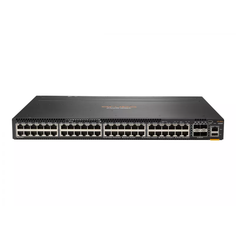 HPE - Aruba 6300M - Switch - L3 - gestionado - 48 x 10/100/1000 (1 PoE+) + 4 x 1 Gigabit / 10 Gigabit / 25 Gigabit / 50 Gigabit SFP56 (Uplink / Stacking) frontal y lateral a posterior