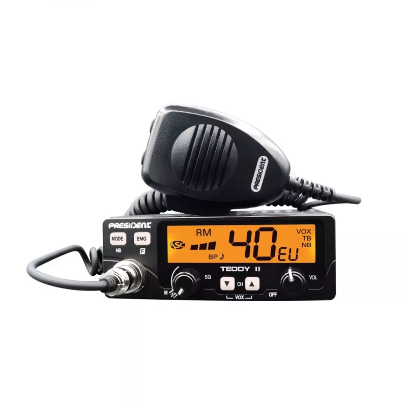 Emisora de CB President Teddy II+ — 40 canales, 4 W de potencia de transmisión, 12/24 V, filtro de interferencias, 125×125×45 mm