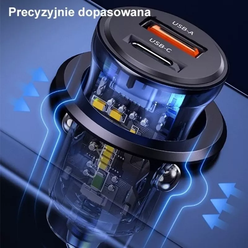 Cargador de coche usams CC164CC01 30W con 1×USB-A y 1×USB-C para carga rápida