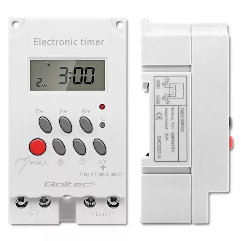 Temporizador electrónico para carril DIN QOLTEC PC0629 — alimentación 24V, salida 16A