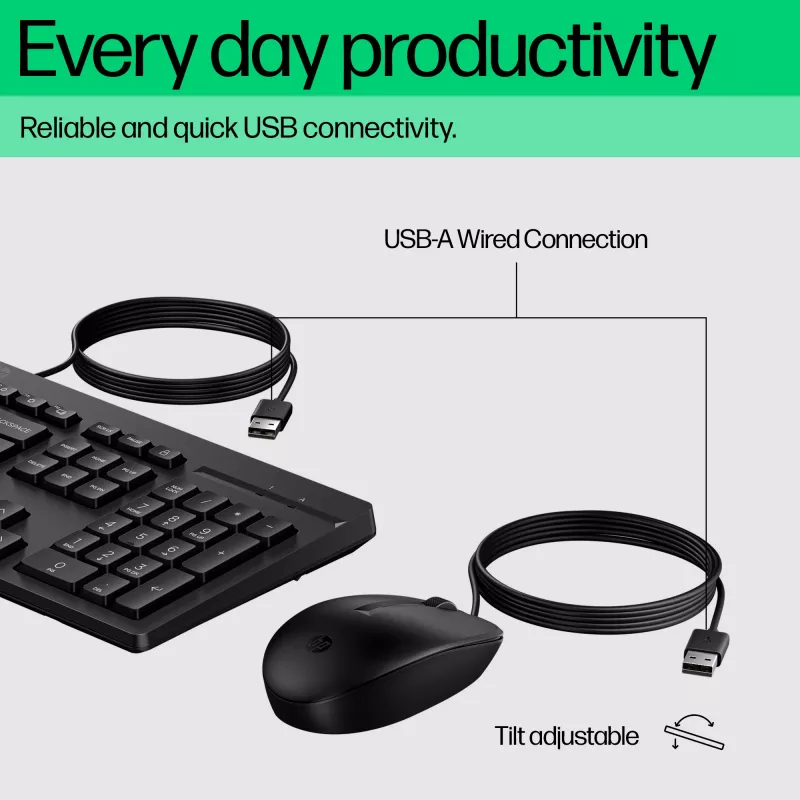 HP 225 G2 Combinación de ratón y teclado USB con cable, tecla Copilot, resistente a salpicaduras – Negra – ESTONIO