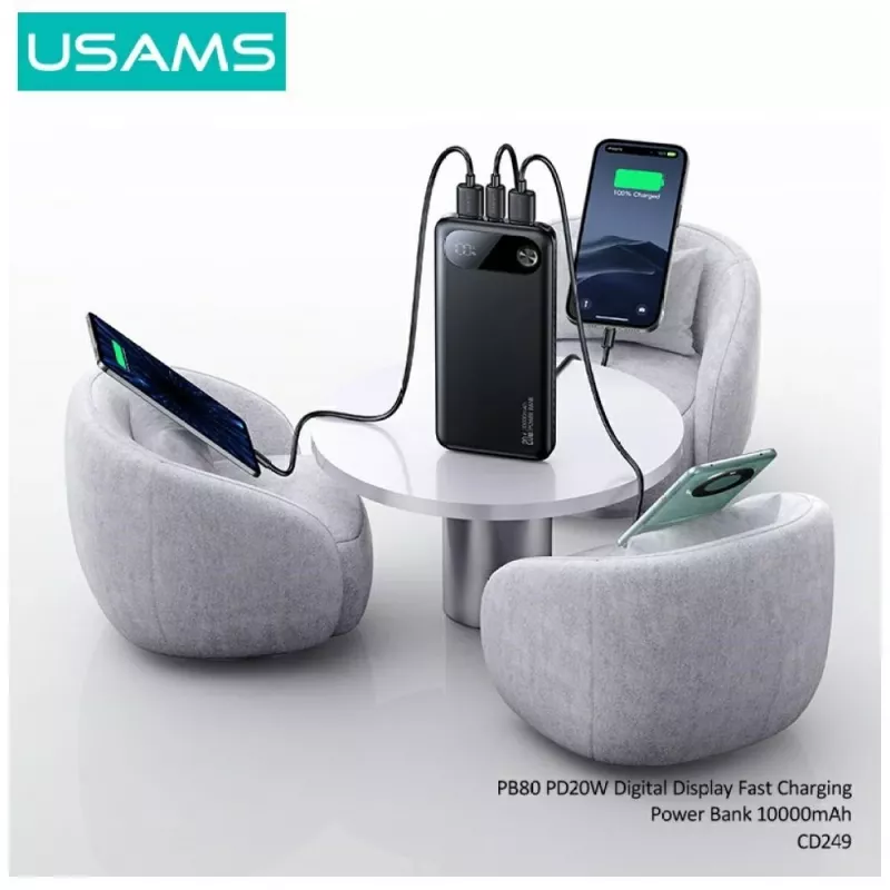 Batería externa usams PB80 PD20W 10000mAh — cargador portátil, negro