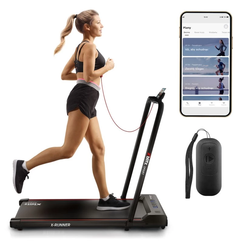 Cinta de correr motorizada Xblitz X-RUNNER — plegable compacta, velocidad máx. 12 km/h, carga máx. 120 kg, negra