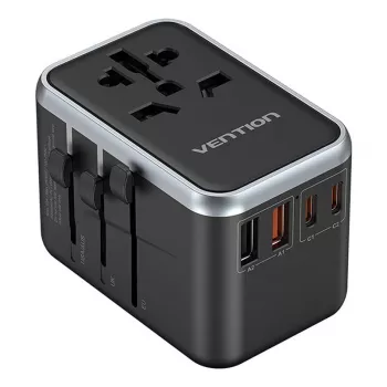 Adaptador de viaje Vention FJFB0 65W — 2× USB-C PD/PPS, 2× USB-A (QC/BC), salida HDMI, aluminio/negro