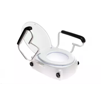 Inodoro elevado ANTAR AT51204 con tapa y reposabrazos, altura ajustable 6–14 cm, ancho 570 mm, carga máxima 150 kg