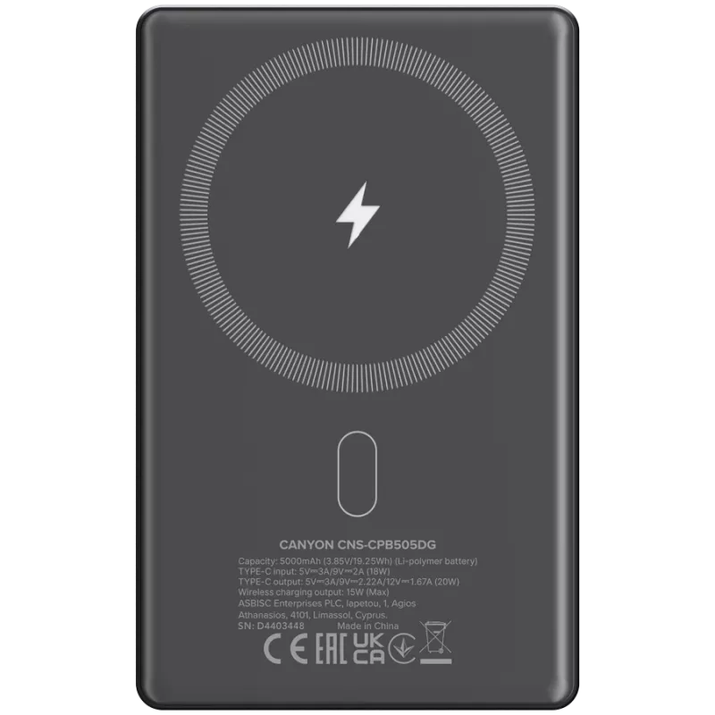 Canyon OnPower 505 - batería externa - 5.000 mAh - entrada USB-C - salida USB-C PD 20W + Wireless Magnet 1