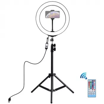 Anillo de luz LED 26 cm con trípode hasta 1,1 m y soporte para móvil, USB