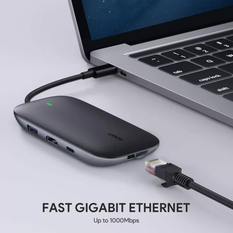 AUKEY CB-C71 hub USB-C 8 en 1, 3x USB-A 3.0, HDMI 4K@30Hz, Gigabit RJ45, SD/microSD, USB-C PD 100 W, cable de 0,15 m, aluminio, negro