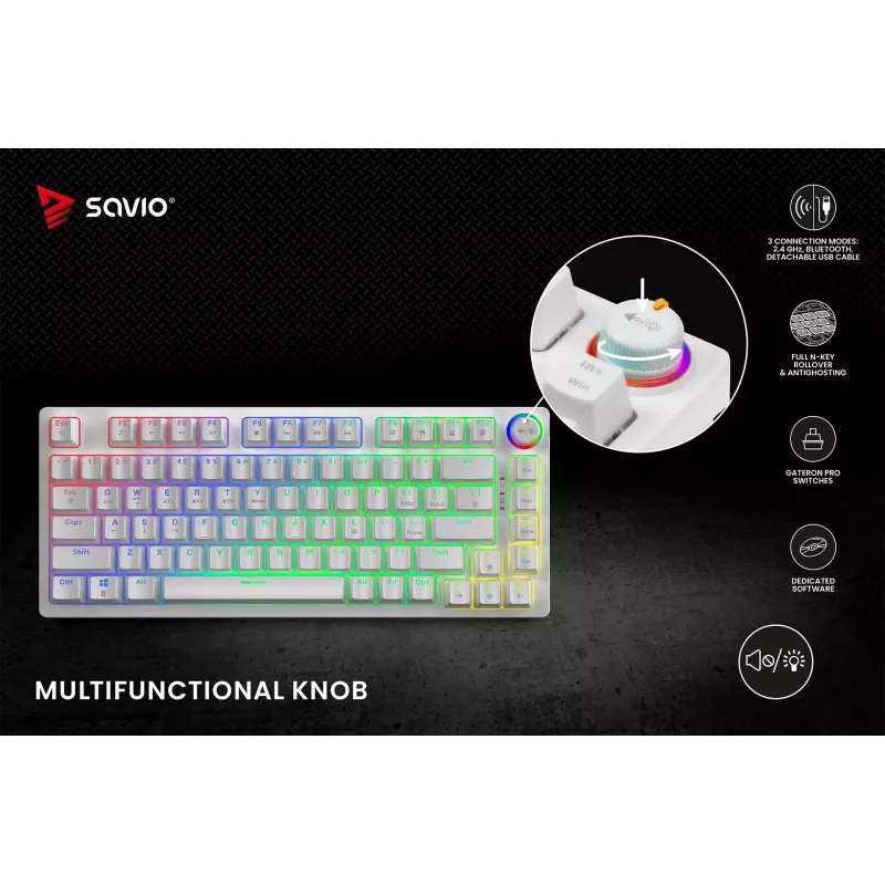 SAVIO PHENIX WHITE teclado mecánico inalámbrico, Gateron Red Pro, ABS