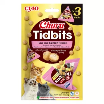 Comida húmeda para gatos INABA Cat Churu Tidbits atún y salmón 3×12 g sobres