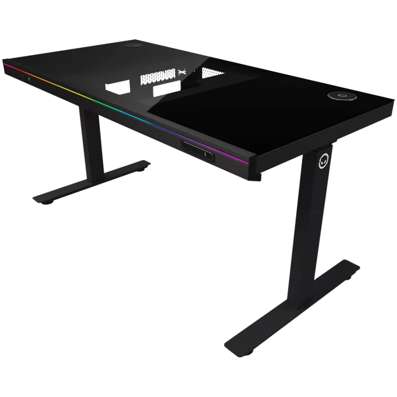 Mesa gaming de altura ajustable con doble motor, función sentado/de pie, caja de PC integrada, cargador inalámbrico, iluminación RGB, panel de control y puertos USB, tablero de vidrio templado, negro.
