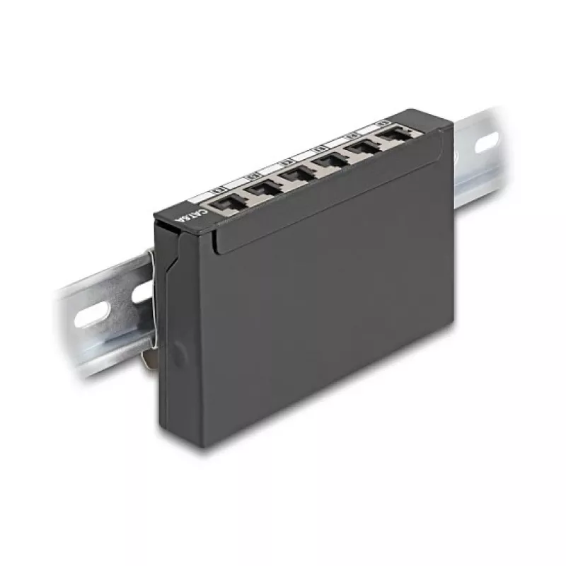 Patch panel DELOCK mini sobremesa RJ45 6 puertos Cat.6A apantallado, metal, negro, 80×22×125 mm