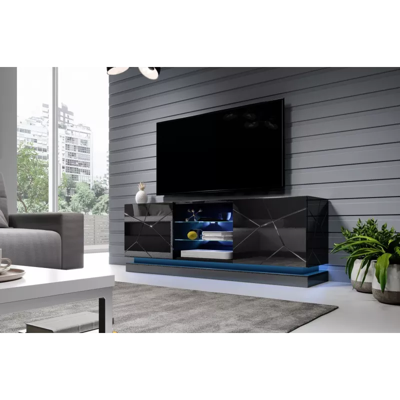 Cama Meble QIU 160 mueble de TV, MDF, negro brillo
