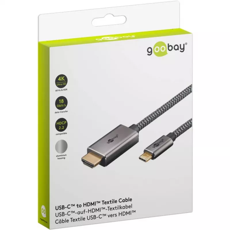 Cable adaptador trenzado USB, conector macho USB-C > conector macho HDMI, 4K / 60Hz (negro/plata, 2 metros)