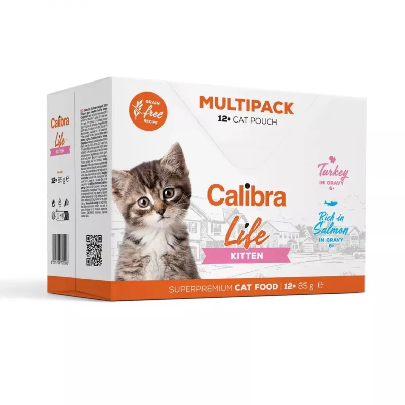Comida húmeda para gatos Calibra Life bolsa — salmón y pavo, para gatitos, 85 g, sin cereales, sin soja, 12×85 g