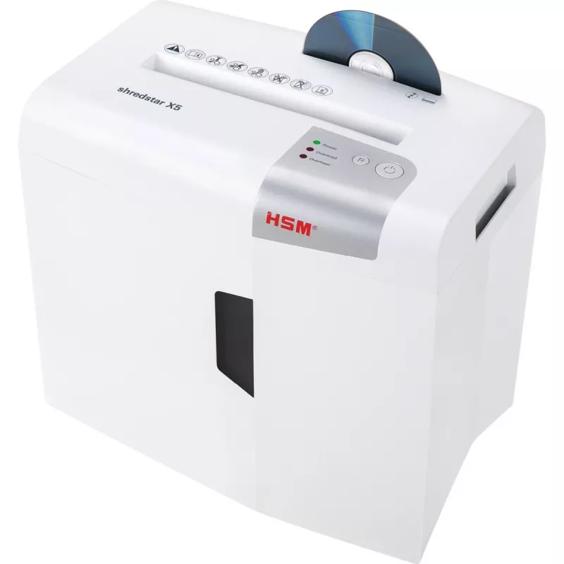 Destructora de documentos HSM X5 corte en partículas P-4, 22 cm de ancho de trabajo, partículas de 4,5 mm, capacidad 5 hojas, contenedor 18 l