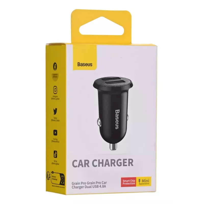 Cargador de coche Baseus Gain Pro universal negro – 2× USB 2.0, 2,4 A por puerto, entrada 12–24 V, salida 5 V