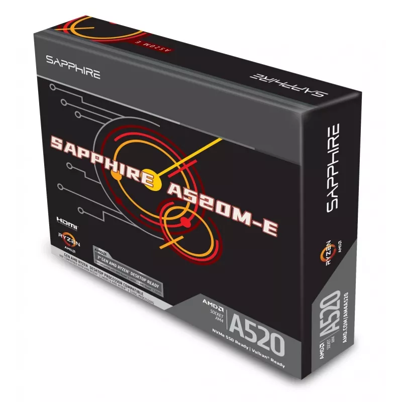 Placa base Micro-ATX Sapphire A520M-E para socket AM4, chipset AMD A520, 2x DDR4 DIMM, máx. 64 GB, PCIe 3.0 x16/x1, SATA III, Gigabit LAN